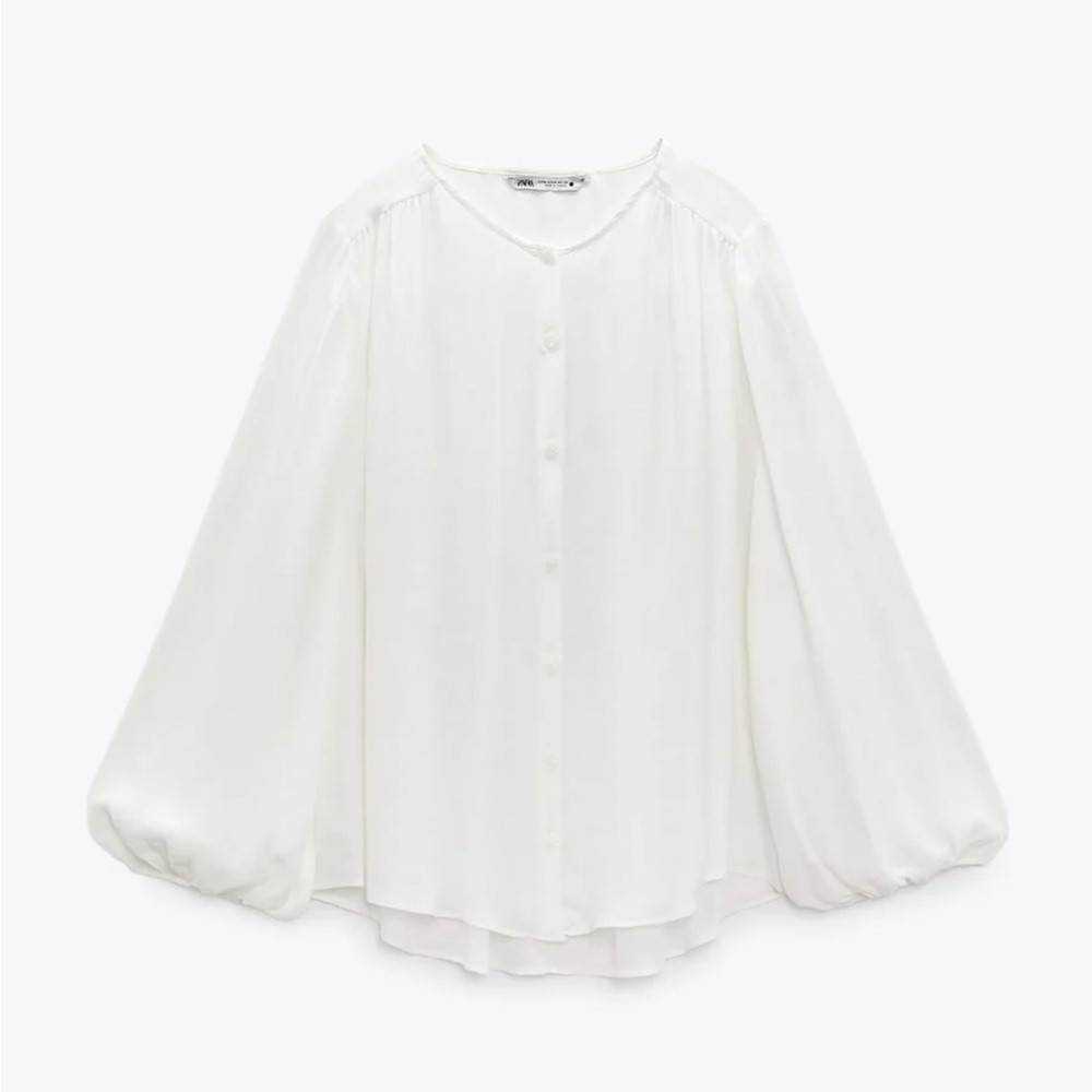 ZARA White Relaxed Blouse with Mandarin Collar and Voluminous Sleeves